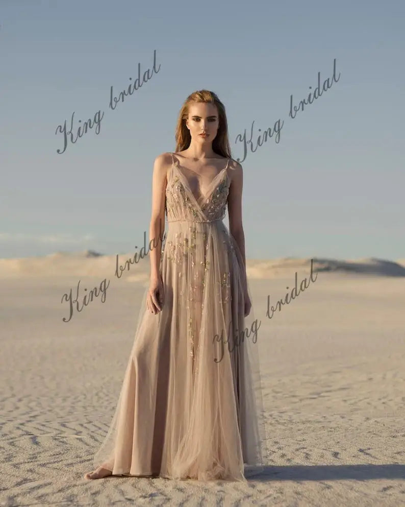 Slit bridal gown Tulle Open back party wedding dress hand embroidered sleeveless A-line bridal gown evening prom dresses