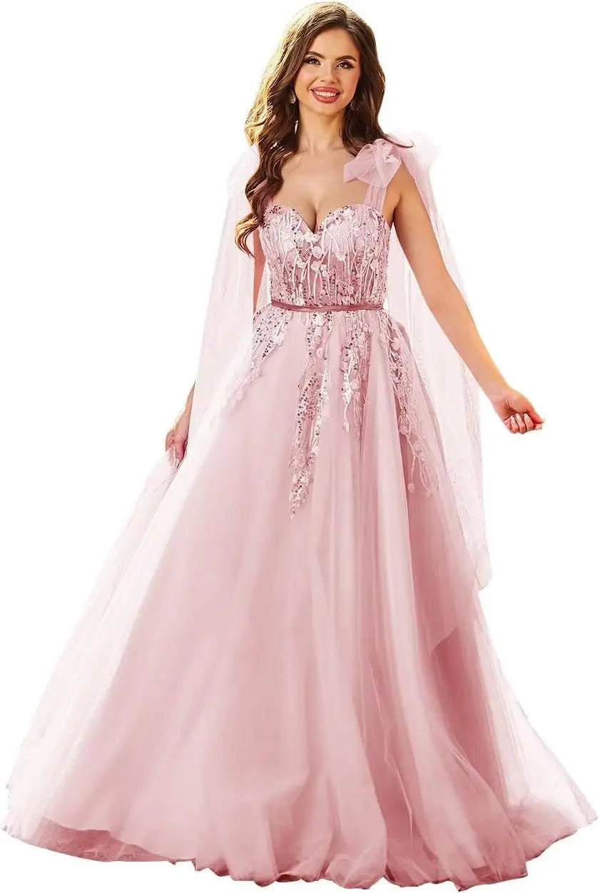 Vestidos de fiesta de tul con apliques de encaje para mujer, tirantes finos ajustables, vestidos de gala largos de corte A, vestidos de noche, vestidos de fiesta 