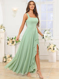 Chiffon Ruffle Bridesmaid Dresses for Women Square Neck Formal Evening Dress with Slit elegant dress women for wedding party