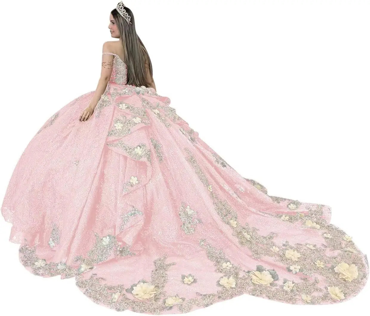 Gold Appliques Quinceanera Dresses with Train Spaghetti Strap Lace Sweet 16 Dresses Layered Ruffles Beaded Ball Gown