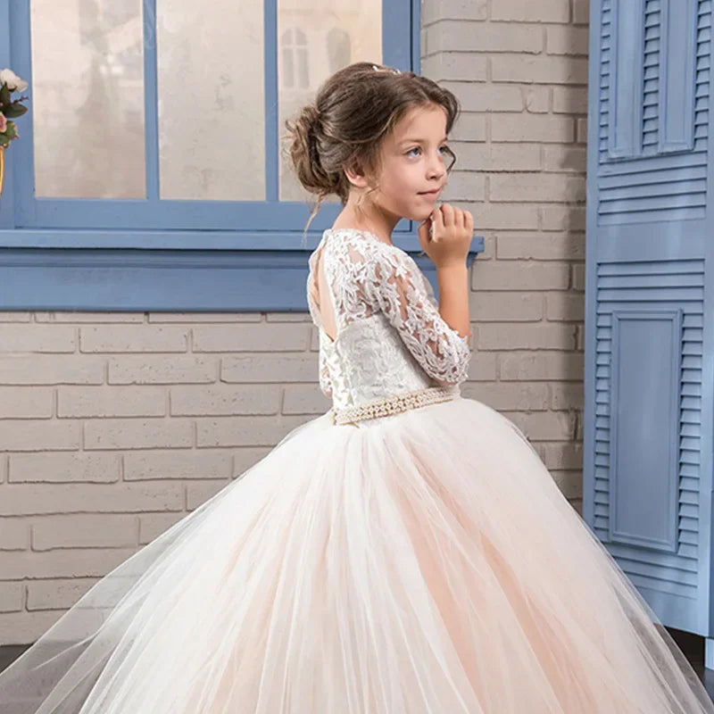 Vestidos de comunión para niñas de flores, color champán, con apliques abullonados, cinturón de joya y dobladillo de encaje, media manga para boda 