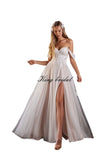 Vestido de novia de tul con abertura y lunares, vestido de novia de encaje, escote corazón, hombros descubiertos, vestido de novia con corsé y falda con abertura 