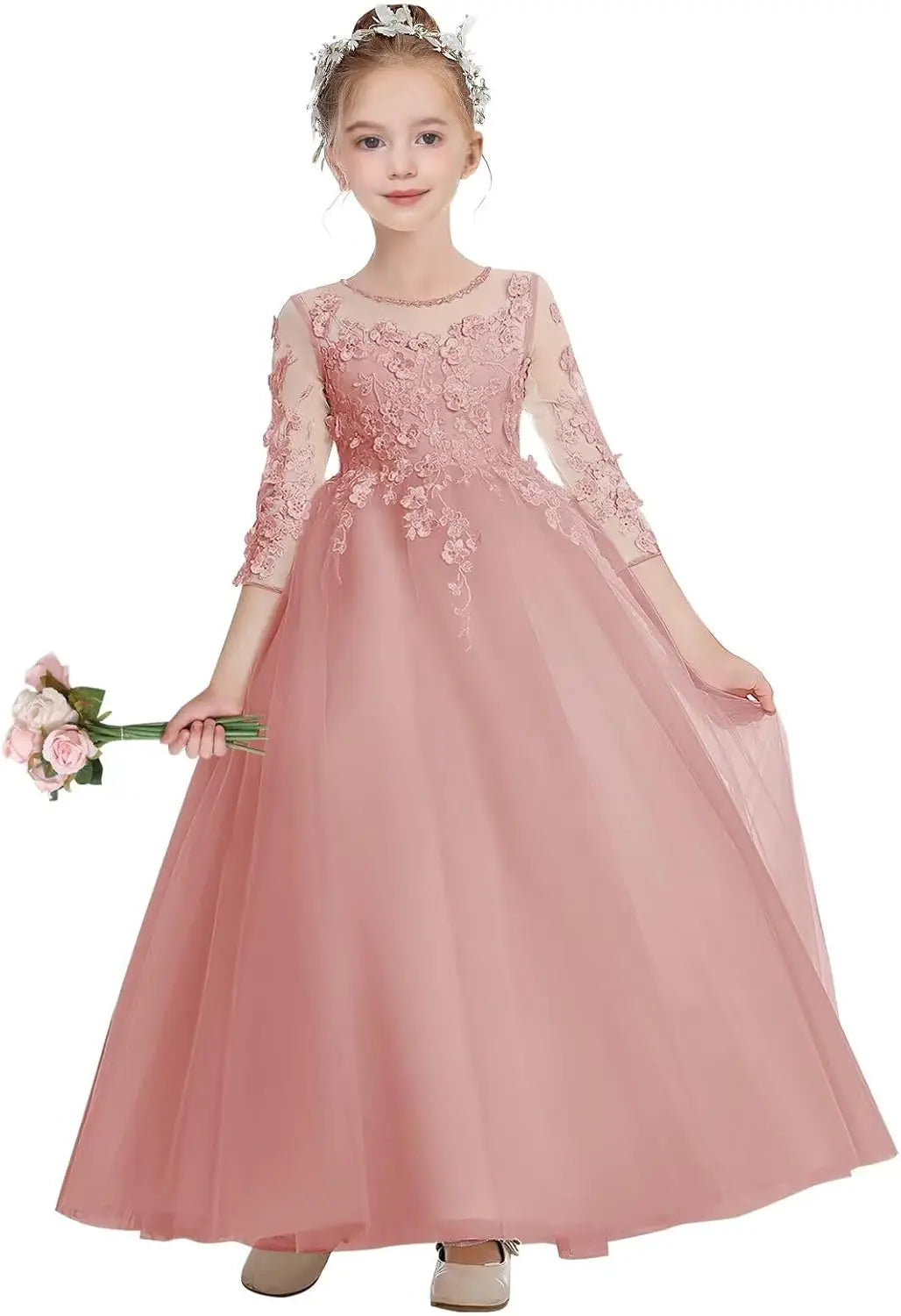 Elegantes Blumenmädchenkleid aus Tüll in A-Linie mit Applikationen, Erstkommunionkleider mit Ärmeln, Festzugs-Prinzessinnen-Partykleider 