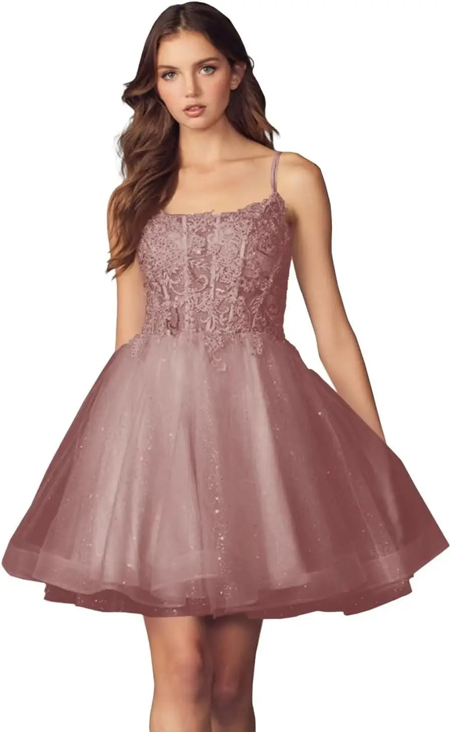 Kurzes Homecoming-Kleid mit Spitzenapplikationen aus Tüll für Teenager mit Spaghettiträgern, Cocktail-, Abschlussball- und Partykleider 