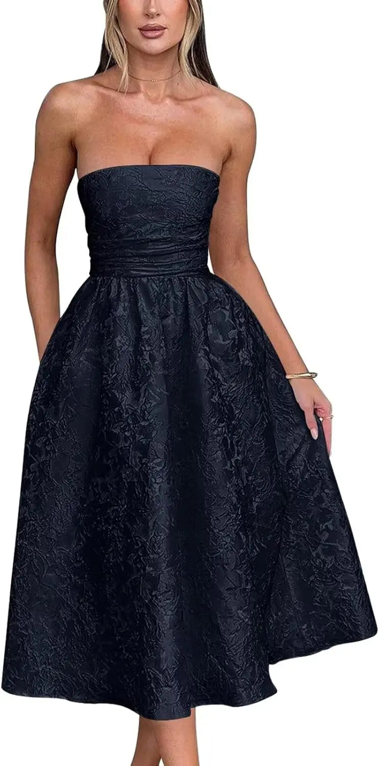 Vestido de fiesta de satén jacquard floral, largo hasta la rodilla, corte A, sin tirantes, con corsé, para dama de honor, para fiesta de noche formal 