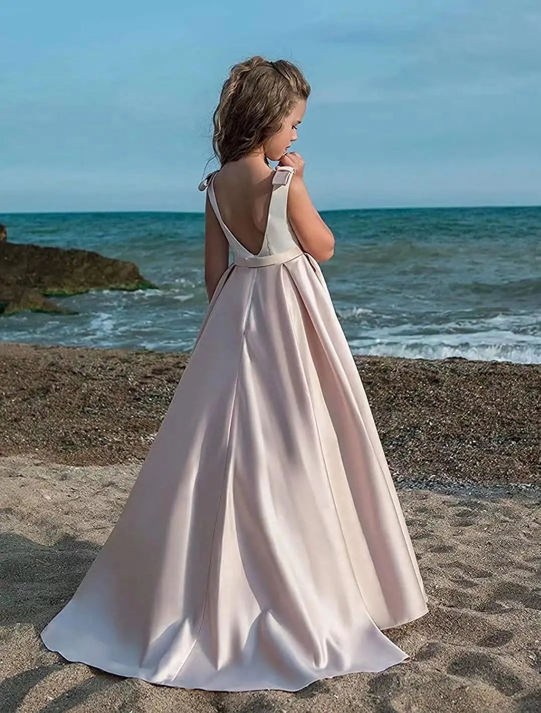 Satin Blumenmädchenkleid Erstkommunionkleid Kinder Hochzeit Ballkleider Prinzessin Party Mädchen Festzugskleider für Mädchen 