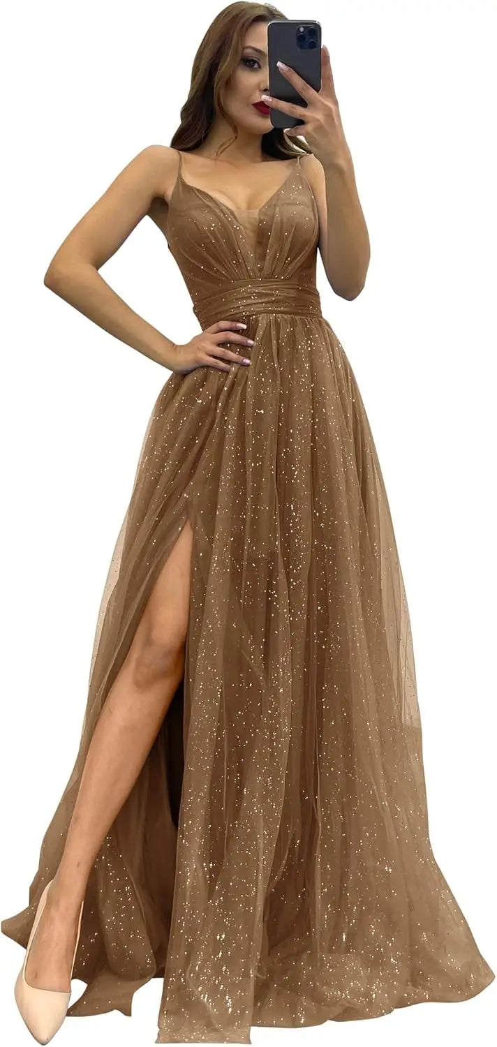 2025 Sparkly Tulle Formal Prom Dress Pleated A-Line Ball Gown with Spaghetti Straps Slit for Women Evening Dresses