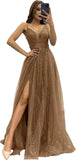 2025 Sparkly Tulle Formal Prom Dress Pleated A-Line Ball Gown with Spaghetti Straps Slit for Women Evening Dresses