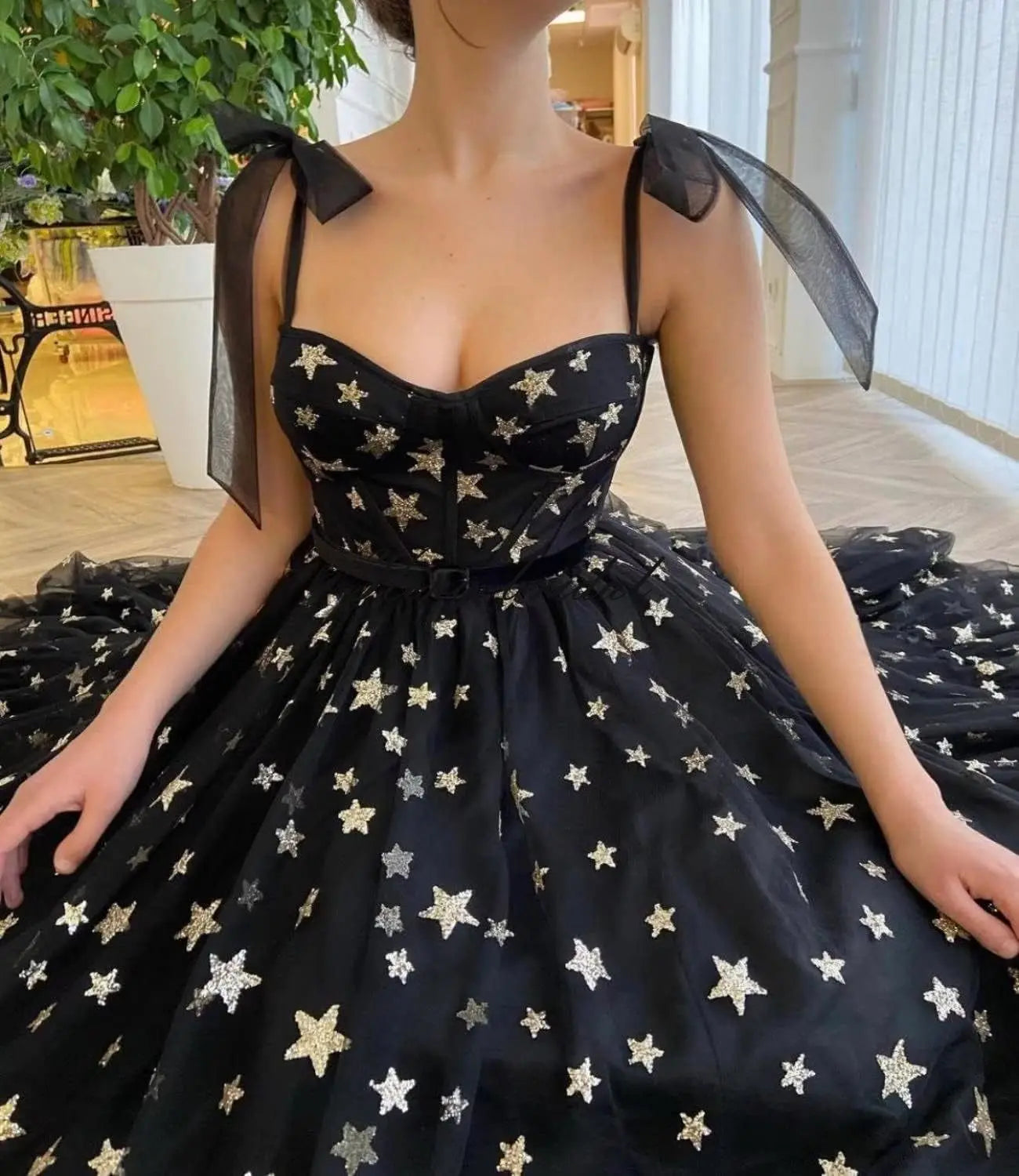 Custom Made Elegant Sparkly Starry Tulle Prom Club Dresses for Women Tea Length Glitter Star A Line Formal Evening Party Gown