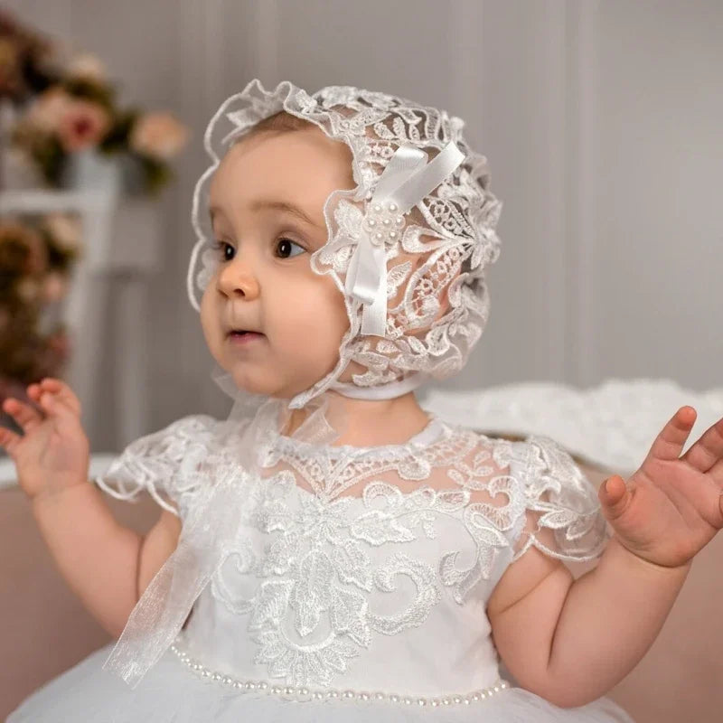 Vestido de niña de tul blanco con estampado floral de perlas y mangas cortas para boda, fiesta de cumpleaños, personalizado con flores 