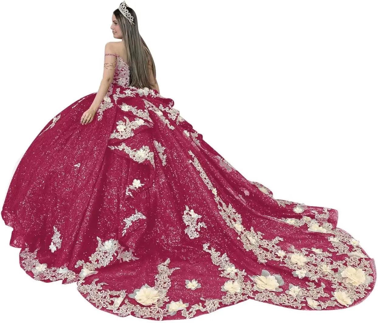 Gold Appliques Quinceanera Dresses with Train Spaghetti Strap Lace Sweet 16 Dresses Layered Ruffles Beaded Ball Gown