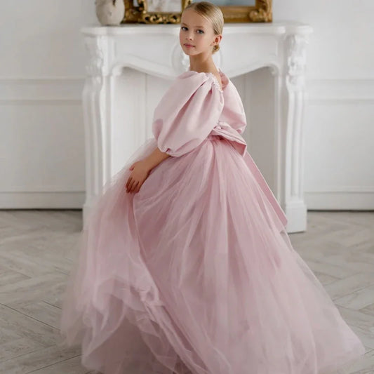 Birthday Holy Communion Banquet Princess Gowns Flower Girl Dresses Dusty Pink Pearls Neck With Bow Half Sleeve For Wedding