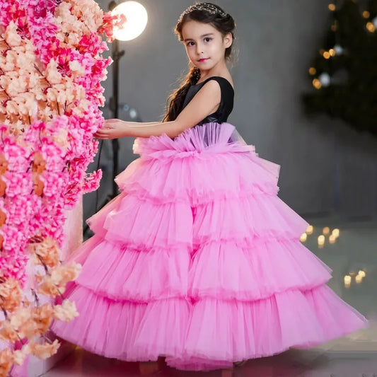Vestido de princesa de tul negro y rosa con lazo, sin mangas, para bodas, cumpleaños, banquetes, personalizado, para niñas de las flores. 