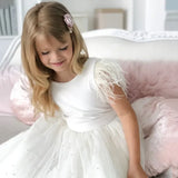 White Tulle Pearls With Bow Feather Sleeveless For Wedding Birthday Party Holy Communion Gowns Customized Flower Girl Dresses