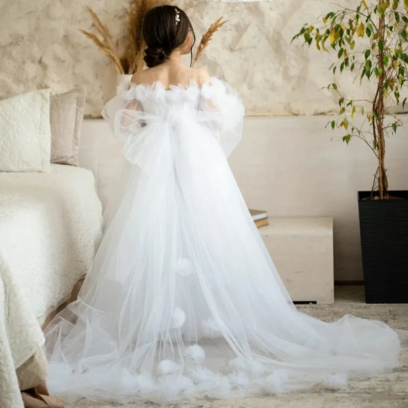 Vestido de tul blanco con lazo y flores, manga larga, para boda, fiesta de cumpleaños, banquete, princesa, niña de las flores 