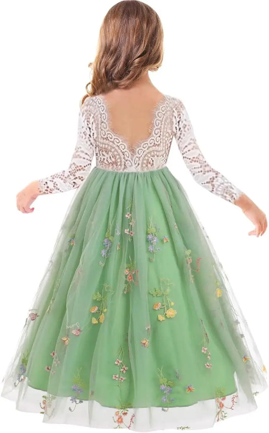 Flower Girl Dress Princess Sleeveless Floral Embroidered Kids Summer Wedding Pageant Birthday Tutu Tulle Dress