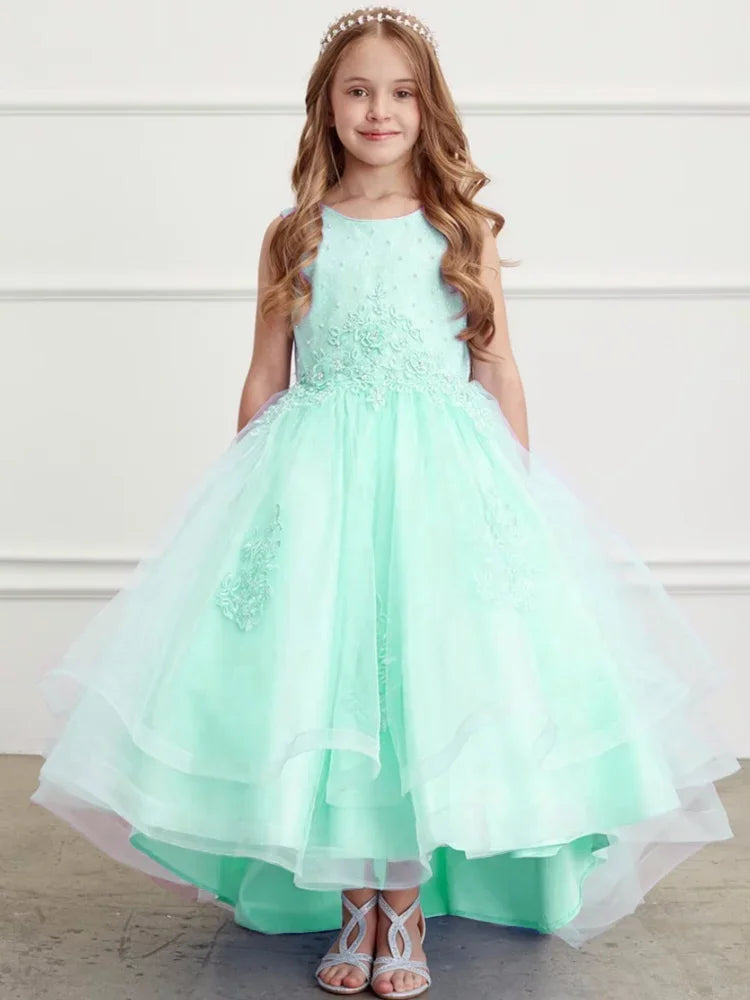 Vestidos de primera comunión para cumpleaños, vestidos de niña de las flores con apliques de flores de tul rosa y lazo, falda alta y baja sin mangas para boda 