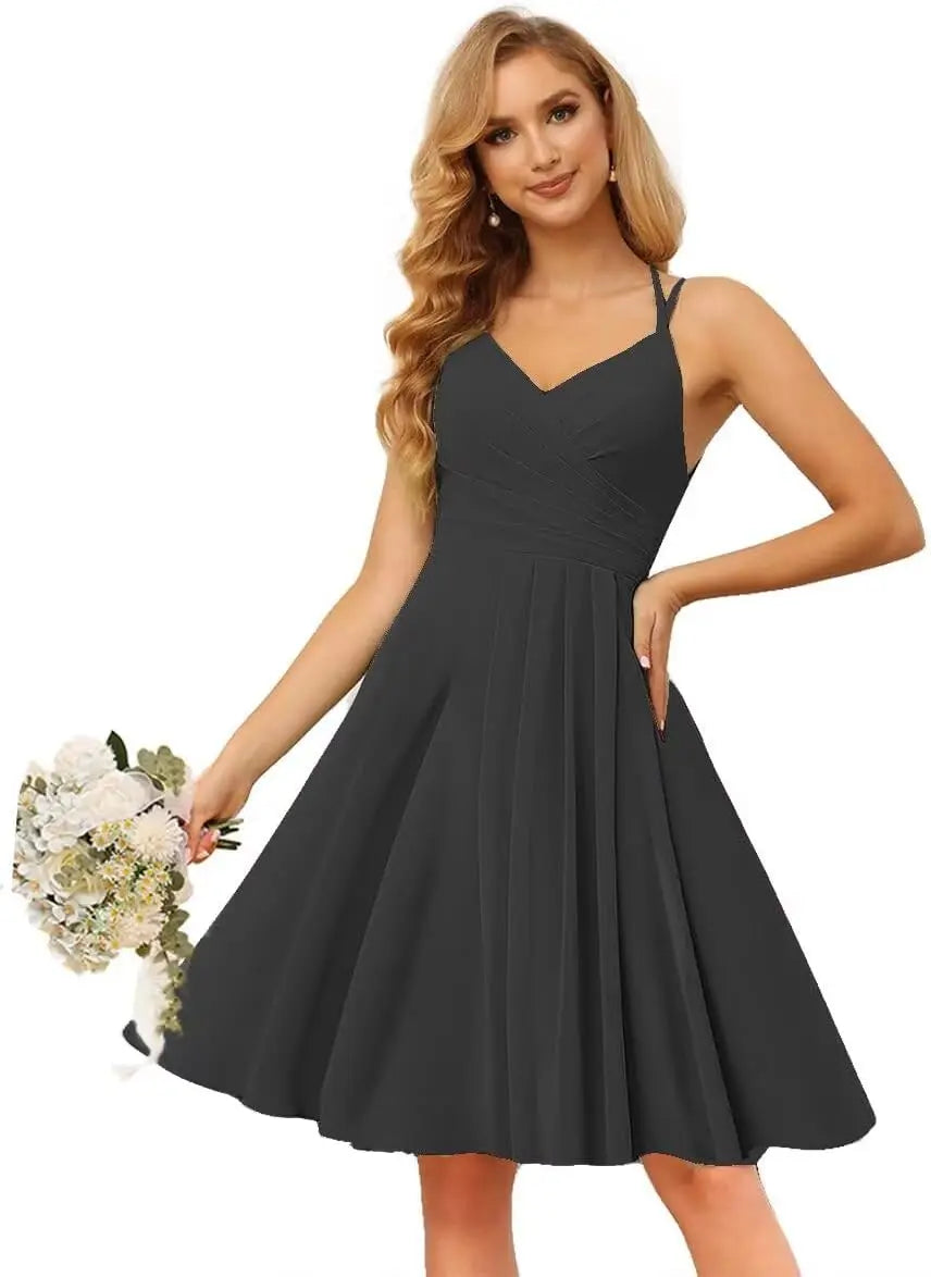 Chiffon V Neck Bridesmaid Dress with Pleated Bodice A Line Chiffon Short Prom Homecoming Dress for Women cocktail dresses