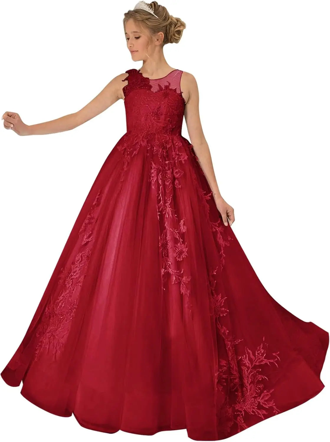 Princess Dress Tulle Lace Flower Girl Dress for Wedding Applique Princess Pageant Dress Long Party Ball Gown with Cape Sleeves