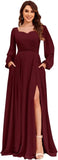 Damen Langarm Brautjungfernkleider mit Taschen Split Plissee Chiffon Formales Abendkleid Partykleid formelles Kleid Frauen elegant 