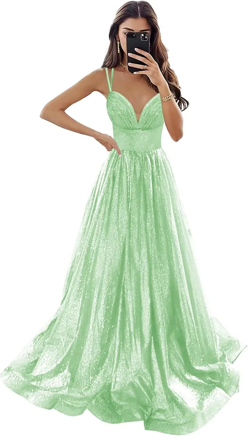 Vestido de fiesta de tul brillante con bolsillos, tirantes finos, corsé fruncido, largo, formal, para noche, vestidos de fiesta para mujer, noche 