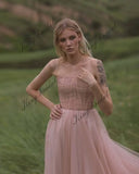 Vestido de novia con corsé ruborizado, corte A, romántico, de tul, para fiesta, sencillo. 
