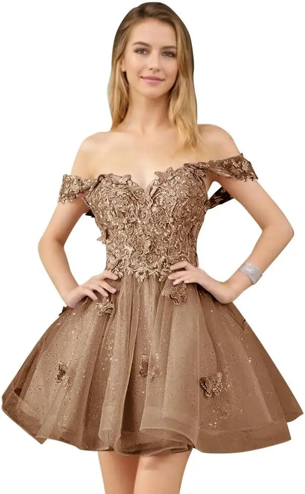 Glitter Tulle Appliques Homecoming Dresses for Teens Beaded Off Shoulder Short Prom Dresses Lace Cocktail Mini Dress Club Gowns