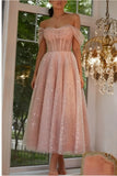 Sparkly Tulle Prom Dresses for Women Off Shoulder Pleated Formal Evening Party Gowns