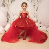 Vestido rojo de primera comunión con lazo y lentejuelas brillantes, cuello redondo, para fiesta de cumpleaños de niña, para boda 