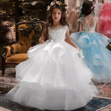 Vestidos de tul rosa con apliques blancos escalonados y sin mangas para bodas, fiestas de cumpleaños, primera comunión y niñas de las flores. 