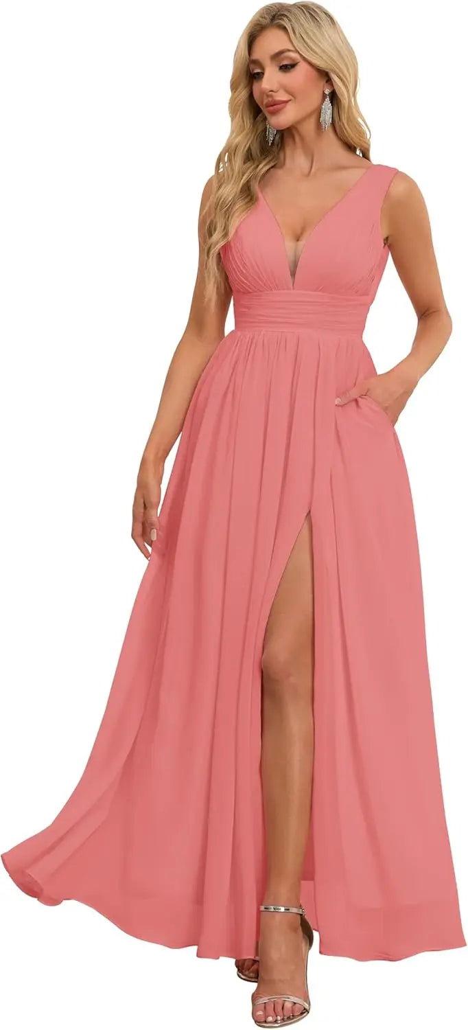 Vestidos de dama de honor con abertura y escote en V, vestidos de fiesta, línea A, plisados, para invitada de boda con bolsillos 