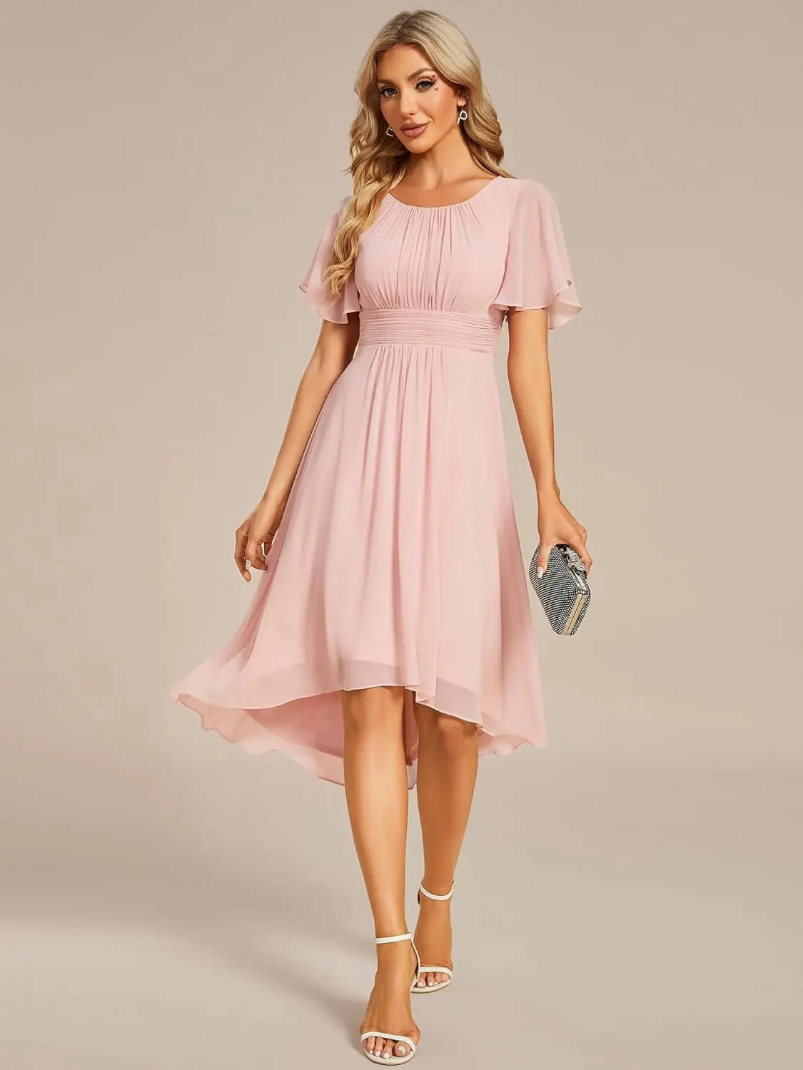 Vestido de gasa con cuello redondo y cintura plisada para mujer, manga corta, para invitada de boda, dama de honor, fiesta, graduación 