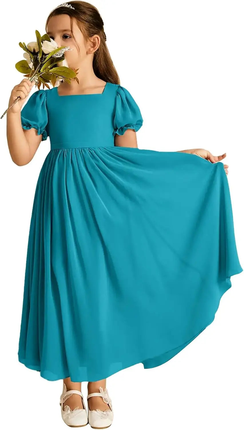 Long Chiffon Junior Bridesmaid Dresses for Wedding with Sleeve Formal Flower Girl Dress for Teens princess dress