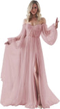Vestidos de fiesta de manga larga abullonados para mujer, hechos a medida, con abertura en los hombros, de tul, para boda, formales, de noche, transparentes. 