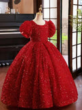Communion Party Gowns Shining Red Flower Girl Dresses for Wedding Sequins short Sleeve Floor Length Princess Kids Birthday Party