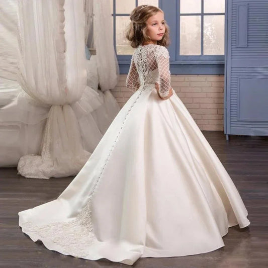 White Satin Appliques Pattern Long Sleeve For Wedding Birthday Party First Communion Gowns Flower Girl Dresses