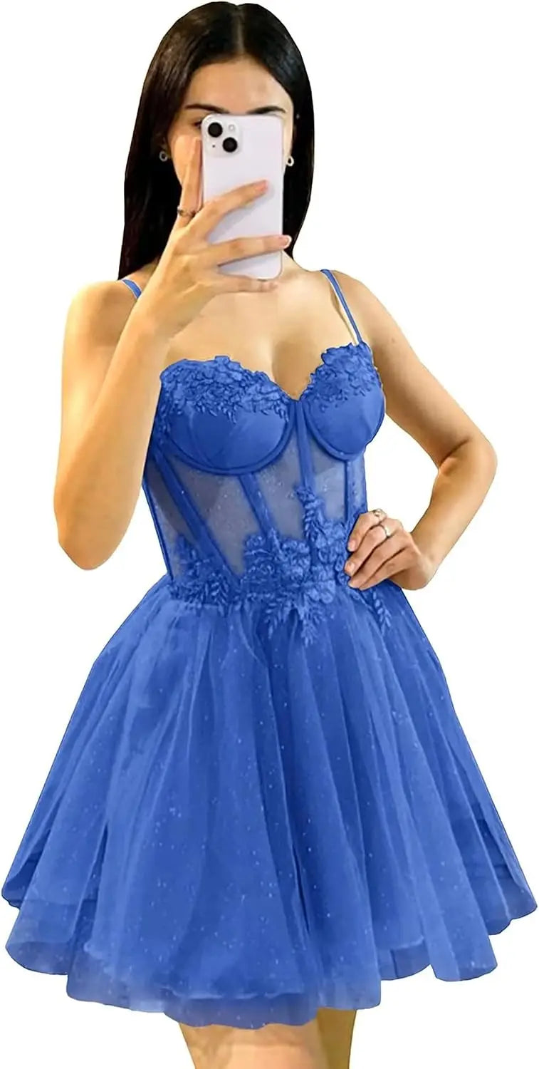 Glitter Tulle Homecoming Dress 3D Flowers Spaghetti Straps Short Prom Dresses for Teens cocktail dresses  mini dress