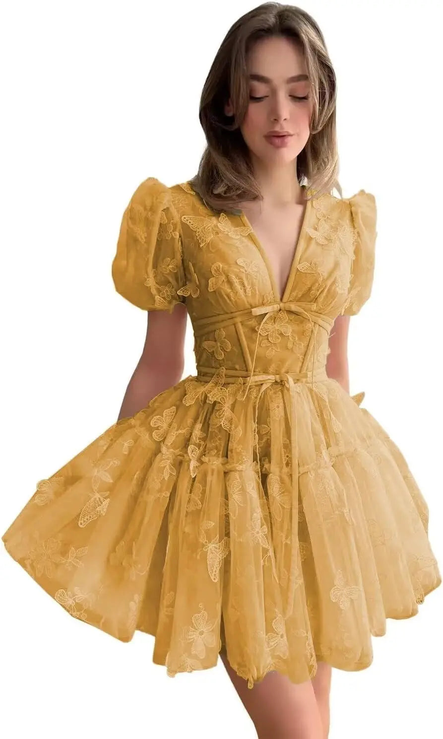 3D Butterfly Tulle Homecoming Dresses for Teens A-Line Short Sleeve Prom Cocktail Dress with Butterfly Appliques
