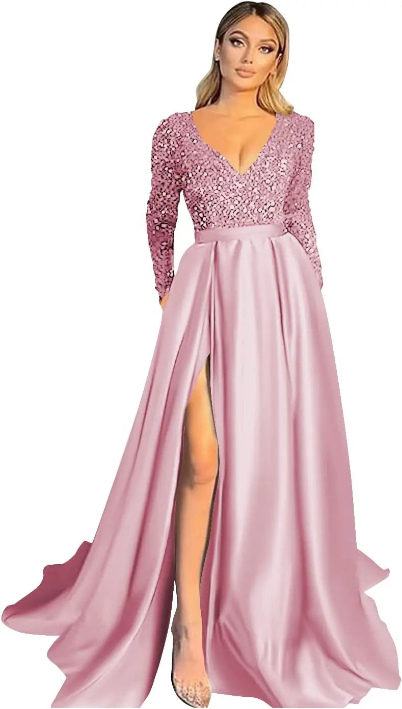 Vestido de fiesta de graduación con lentejuelas brillantes para mujer, con bolsillos, de satén de manga larga, vestido de noche formal con abertura, elegante para fiesta de boda 