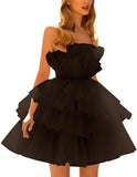 Vestidos de fiesta de tul con hombros descubiertos, abullonados, cortos, sin tirantes, de malla, con volantes, formales, para cóctel o gala 