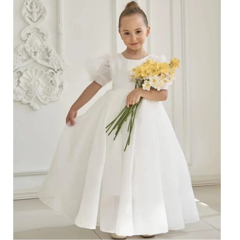 Vestido de princesa de satén blanco liso de manga corta para bodas, fiestas de cumpleaños, banquetes, vestidos de princesa personalizados, vestidos de niña de las flores 
