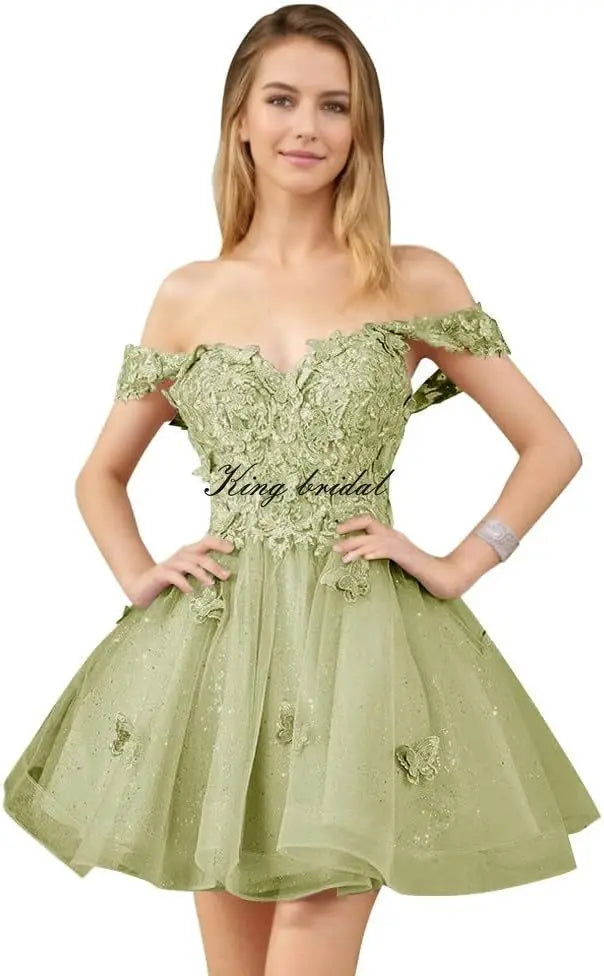 Glitter Tulle Appliques Homecoming Dresses for Teens Beaded Off Shoulder Short Prom Dresses Lace Cocktail Mini Dress Club Gowns