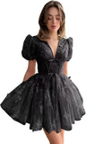 3D Butterfly Tulle Homecoming Dresses for Teens A-Line Short Sleeve Prom Cocktail Dress with Butterfly Appliques