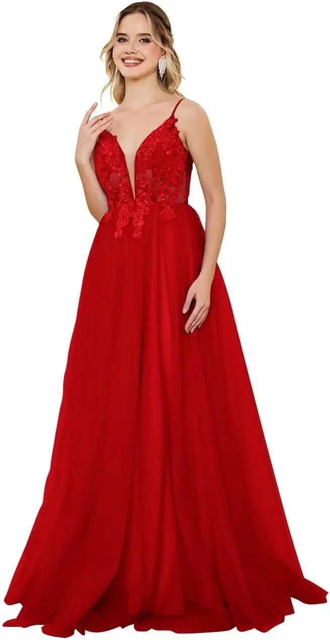 Vestidos de fiesta de tul con escote en V profundo para mujer, tirantes finos, apliques de encaje, vestidos de noche largos de corte A 