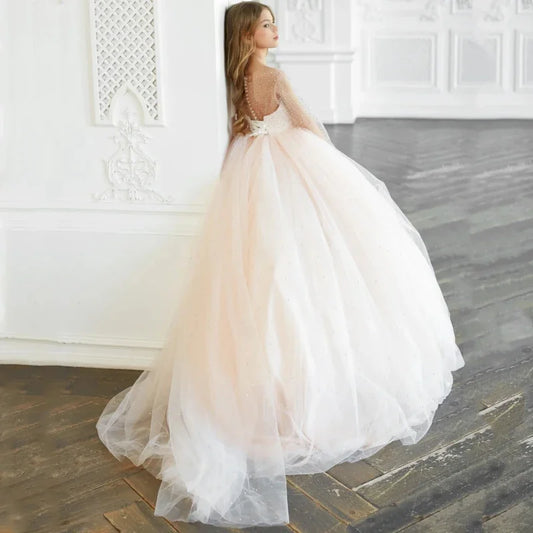 Light Pink Tulle Puffy Sequin With Trailing Long Sleeve For Wedding Birthday Party Banquet Princess Gowns Flower Girls Dresses