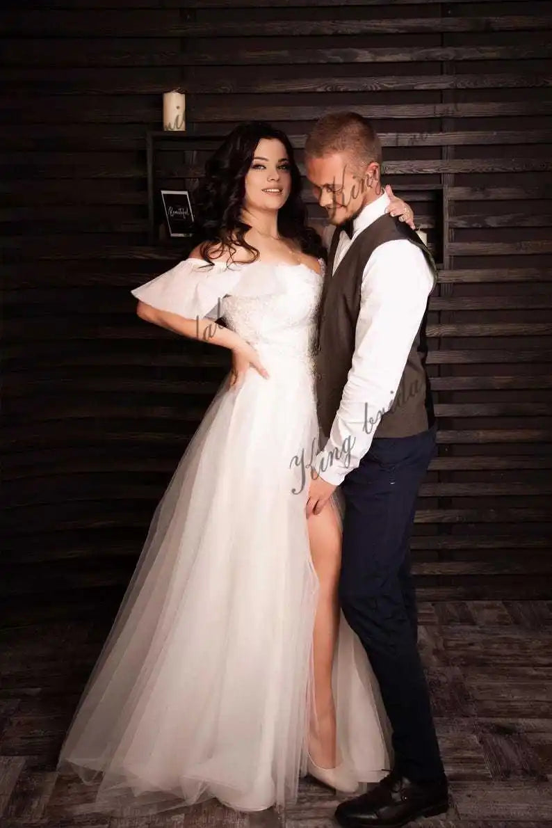 Elfenbeinfarbenes Tüll-A-Linien-Boho-Hochzeitskleid Modernes Korsett-Brautballkleid Individuelle einzigartige Strandhochzeitskleider für Frauen 2025 Braut 