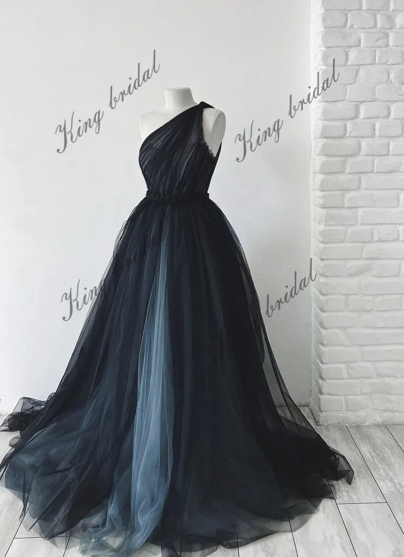 Black wedding dress Full black ash blue bridal gown Gothic wedding dress Tulle Beaded fantasy ball gown simple bridal gowns