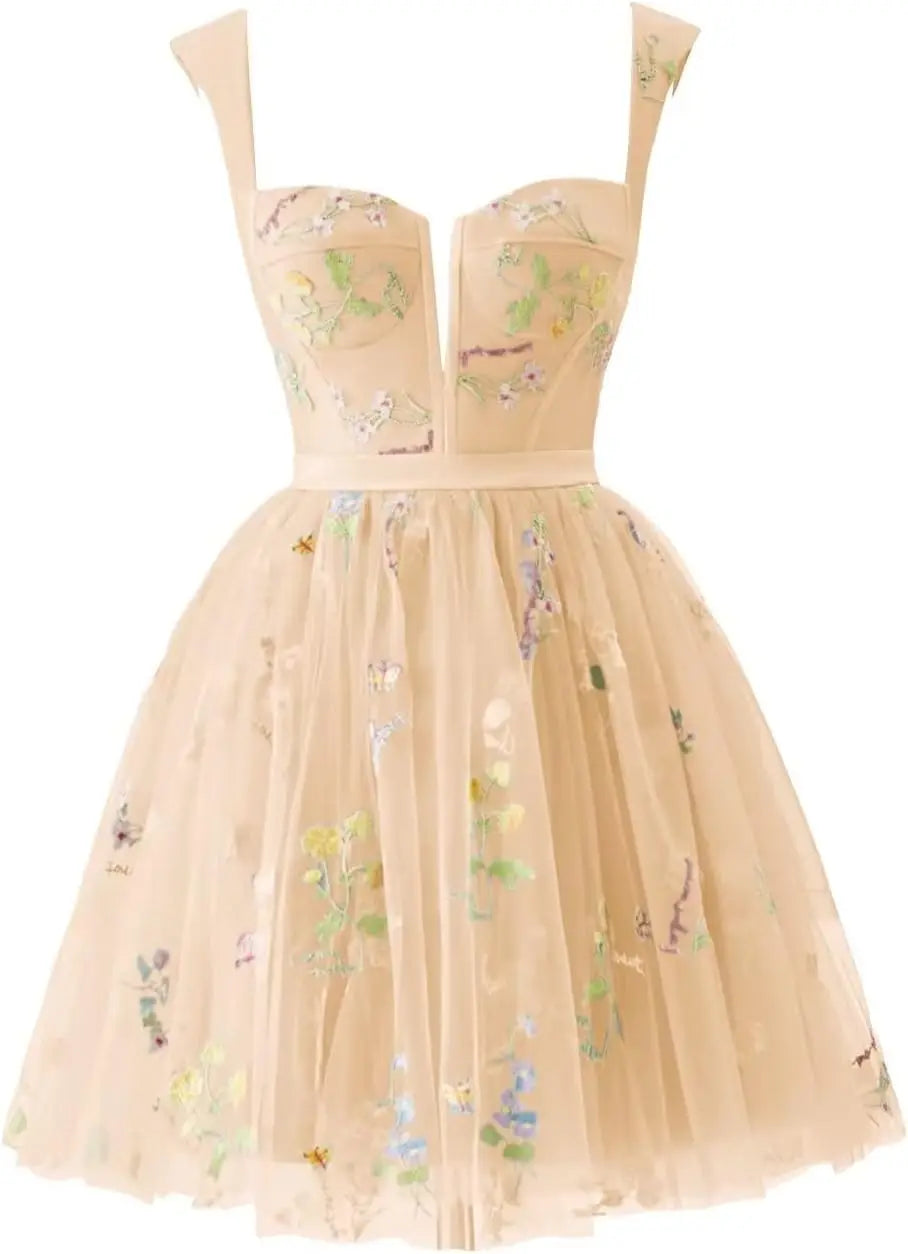 Flower Embroidery Short Tulle Homecoming Dresses for Teens Corset Mini Prom Dress Fairy Formal Party Gown Junior Bridesmaid Gown