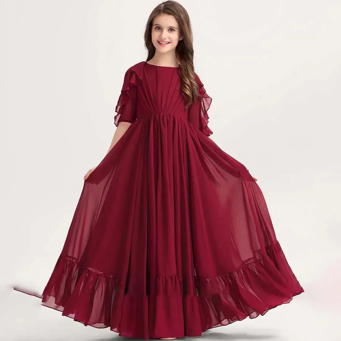 Rüschen Bodenlangen Elegante Puffy Mädchen Kinder Geburtstag Party Schöne Erstkommunion Kleider Rosa Blumenmädchen Kleider für Hochzeit 