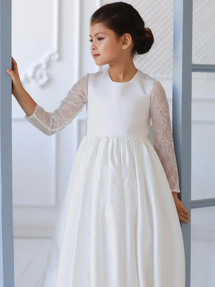 Birthday Evening Banquet Gowns Customized Flower Girl Dresses White Satin Appliques With Bow Long Sleeve For Wedding
